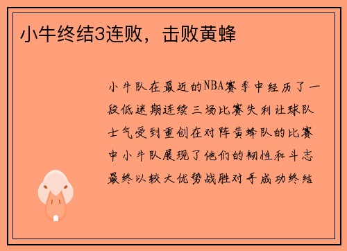 小牛终结3连败，击败黄蜂